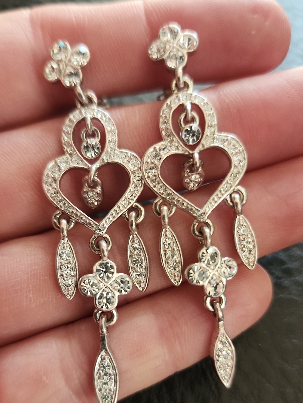 Silver Crystal Heart Dangle Clip Earrings